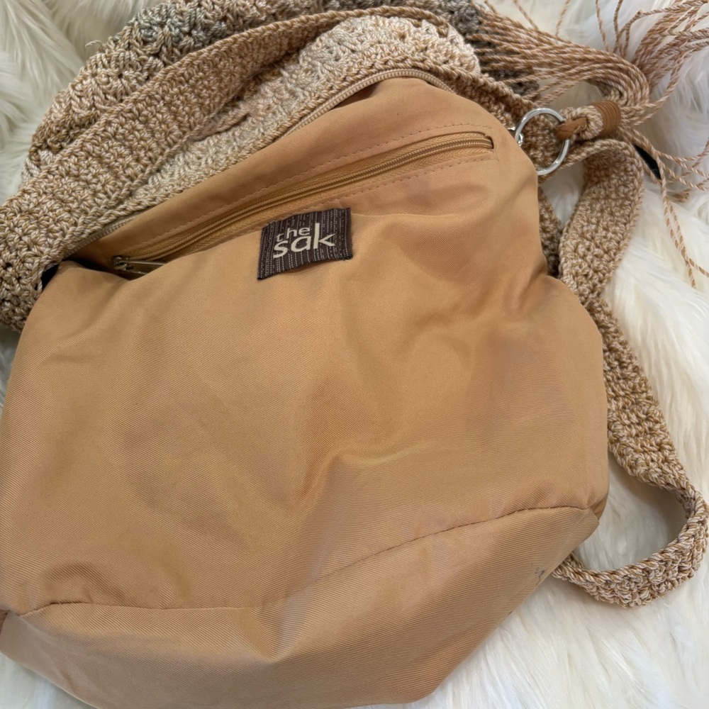 The Sak Crochet Ombre Boho Knit Tassel Hobo Crossbody Bag in Beige and Brown - Picture 5 of 10
